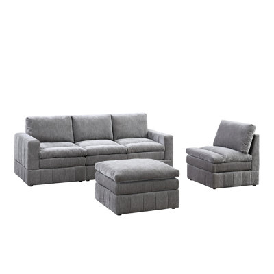 Canapé modulaire contemporain 5 pièces, 2 fauteuils à un accoudoir, 1 accoudoir sans accoudoirs, tissu en suède, coussin triple couche, canapé modulaire 5 modulaires au look moderne, suède graphite, assise avec plateau-coussin, design