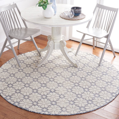 Maryellen Damask Handmade Handwoven Wool Ivory / Blue Area Rug