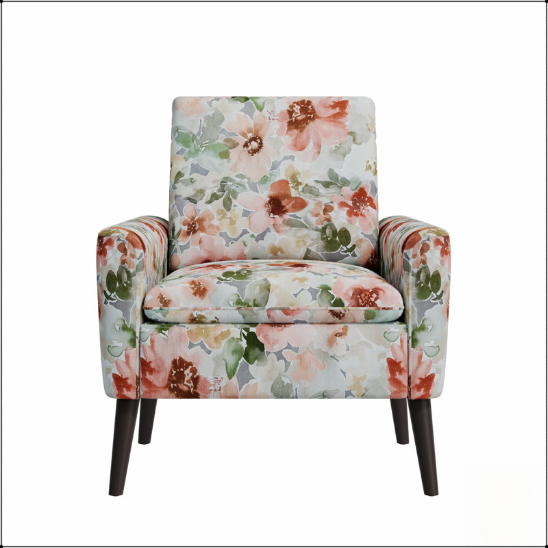 Fauteuil d'appoint compact orange pastel à motif floral, pieds en bois massif pour petits espaces