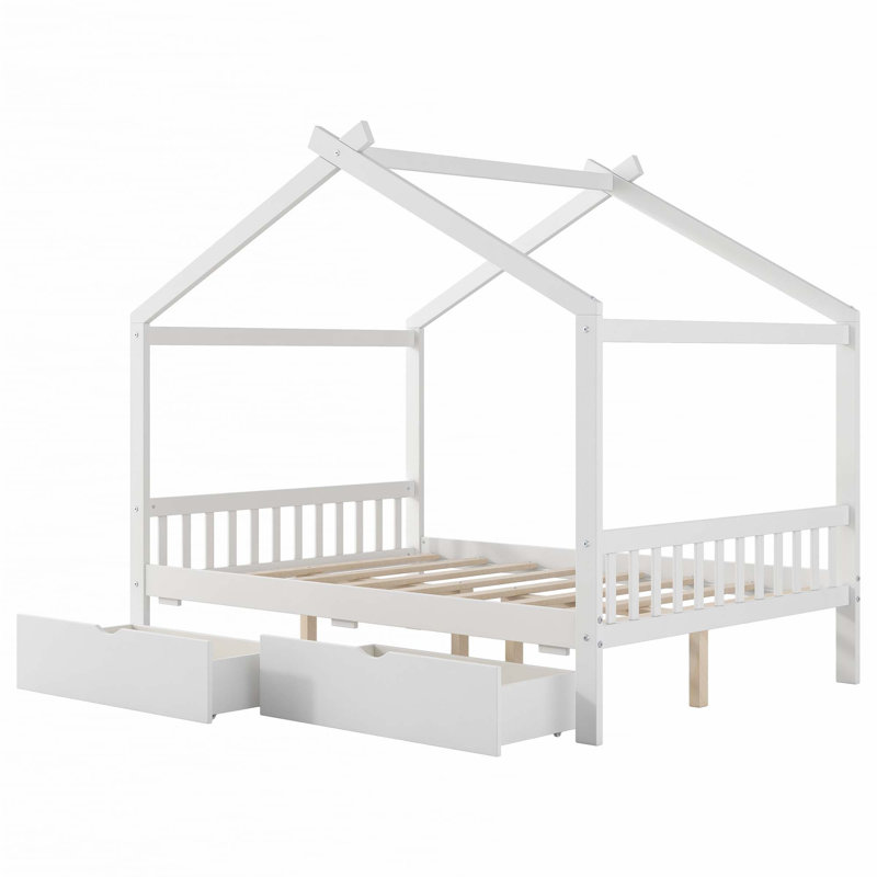 Lit plateforme House avec deux tiroirs, Blanc