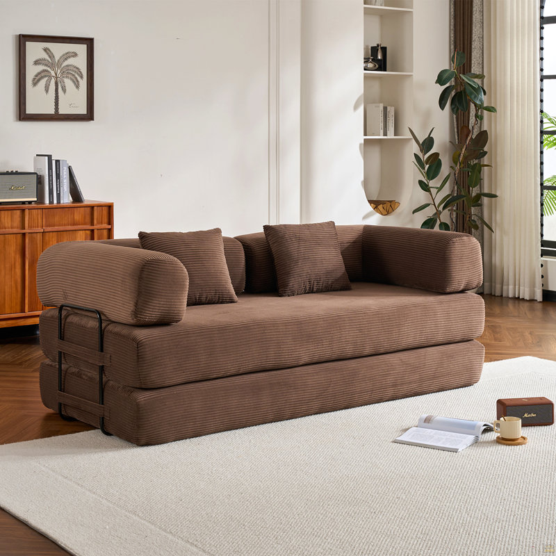 4-in-1 Convertible Compressed Sleeper Sofa Bed, Skin-Friendly Corduroy Fold Out Couch with 33D High Density Sponge, Reinforced Metal Frame No Assembly Sofa in a Box for Small Apartment