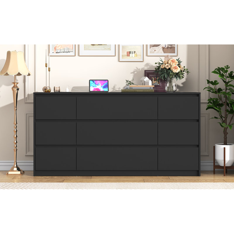 9 - Drawer 63.1" Dresser With 2 Sockets, 2 USB Ports And 1 Fast-Charging Type-C Port, Black