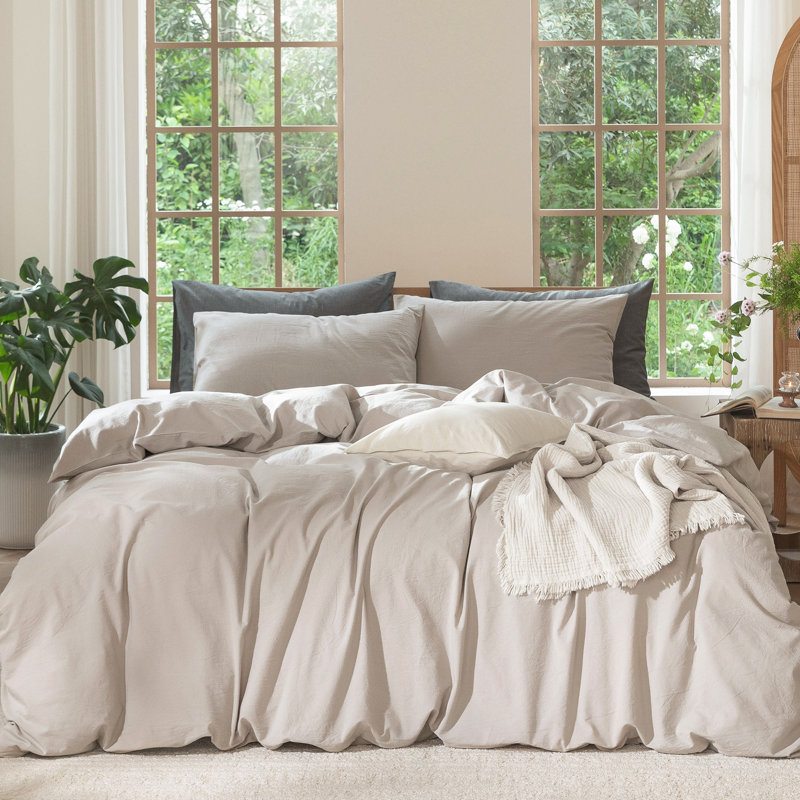 MooMee Lightweight Duvet Cover Set with Zipper Closure 8 Ties 100% Washed Cotton Linen Like Textured Soft Breathable All-Season