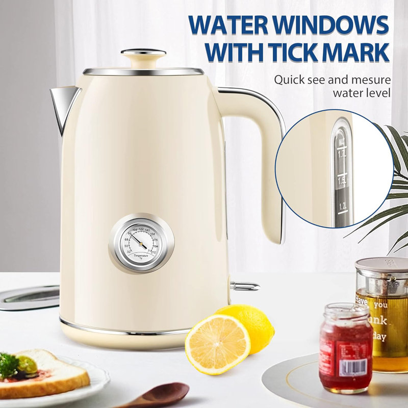 Cream 1.7L Stainless Steel Electric Kettle with Temperature Gauge