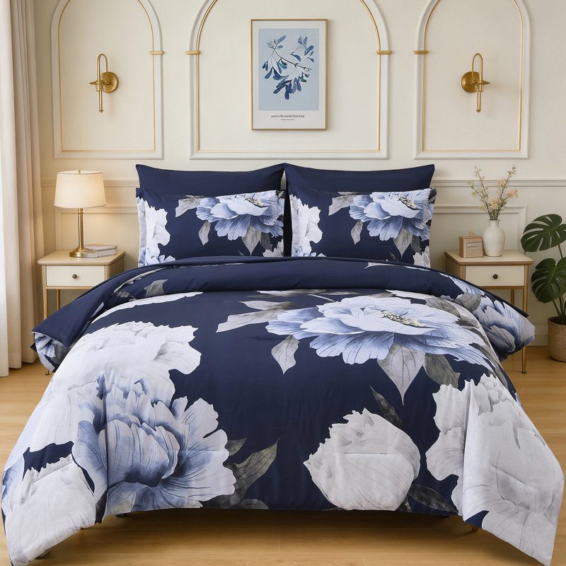 Ensemble de housse de couette à motif floral 7 pièces, Grand édredon et 6 pièces supplémentaires, Marine