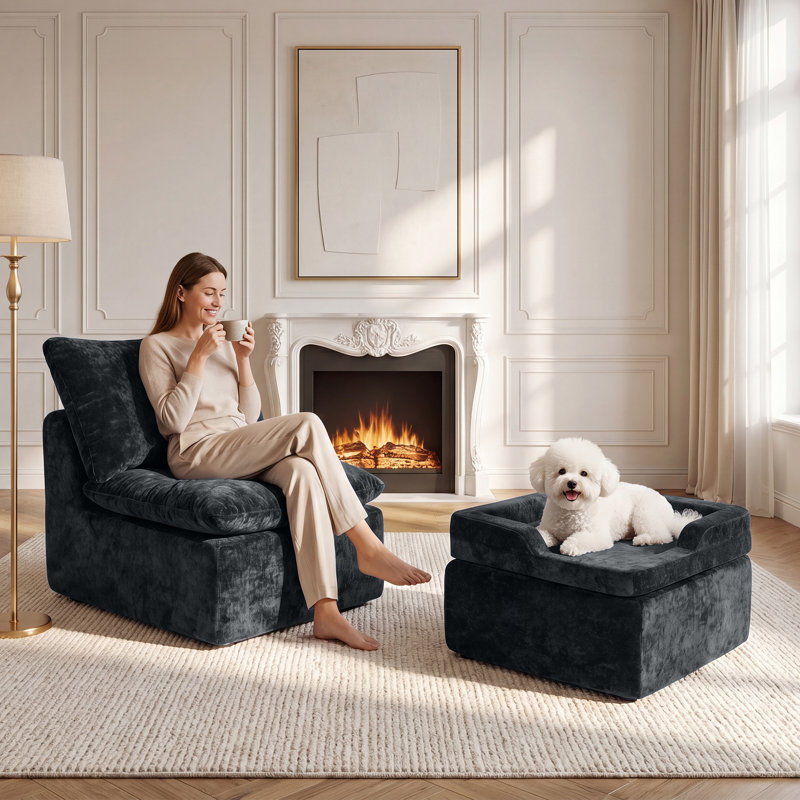 Chaise longue 62 po en velours écrasé gris foncé avec repose-pieds pour lit pour animal de compagnie, fauteuil Cloud modulaire, tissu OEKO-TEX, sans assemblage