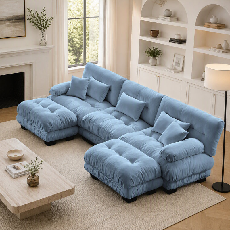 Canapé d'angle modulaire de luxe - Canapé nuage surdimensionné en forme de U pour salon, assise profonde avec 2 poufs, bleu chenille