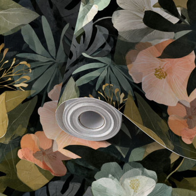 Papier de contact à peler et coller avec aquarelle tropicale et feuilles d'hibiscus botaniques auto-adhésives et amovibles 24 po x 118 po (60 x 300 cm)
