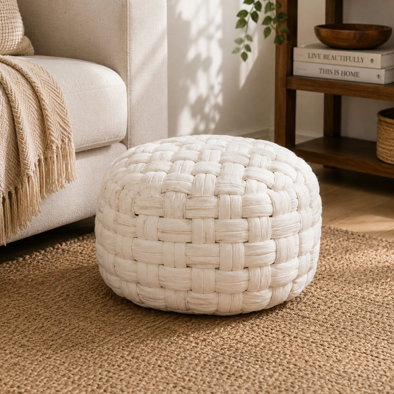 Kresten 48cm Wide Round Solid Colour Pouffe Ottoman, White