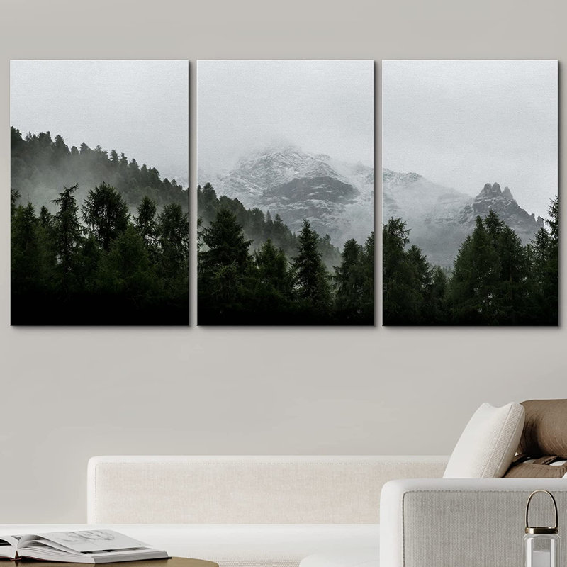 «Misty Forest Landscape Mountain with Fog Natural», reproduction de photo sur toile 3 pièces, H 24 po x l 16 po, Toile tendue