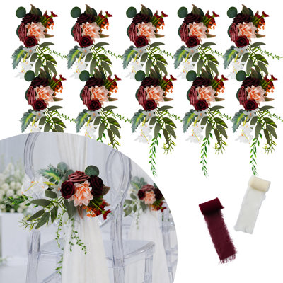 Élégantes fleurs artificielles en banc pour mariage - Rose blanche et décoration de chaise eucalyptus, paquet de 10, rose, ton neutre et ruban rose, bouquet - 14 cm