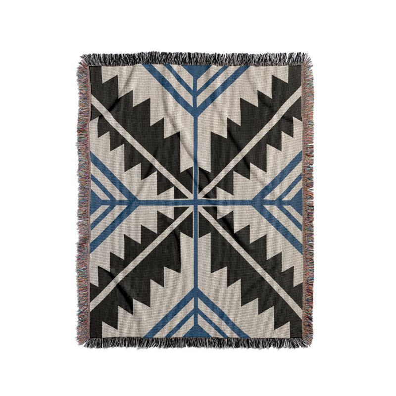 Jeté en mélange de coton Tala South Western, L 60 po x l 60 po, Bleu / noir / blanc cassé