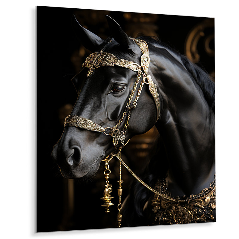 Décoration murale en métal cheval noir doré doré équestre II, H 40 po x l 30 po x P 1 po