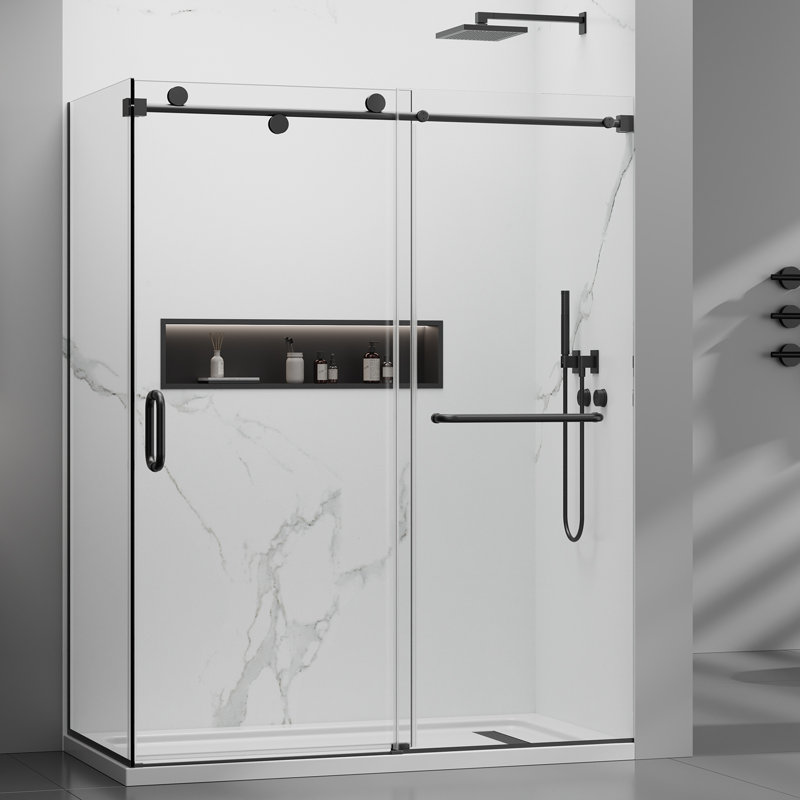 YTTSOYTS Frameless Corner Shower Door 60" x 76" with Side Panel 32" x 76", Nano-Coated Tempered Glass Shower Door Enclosure Single Sliding Door 5/16" Glass Thickness, Matte Black