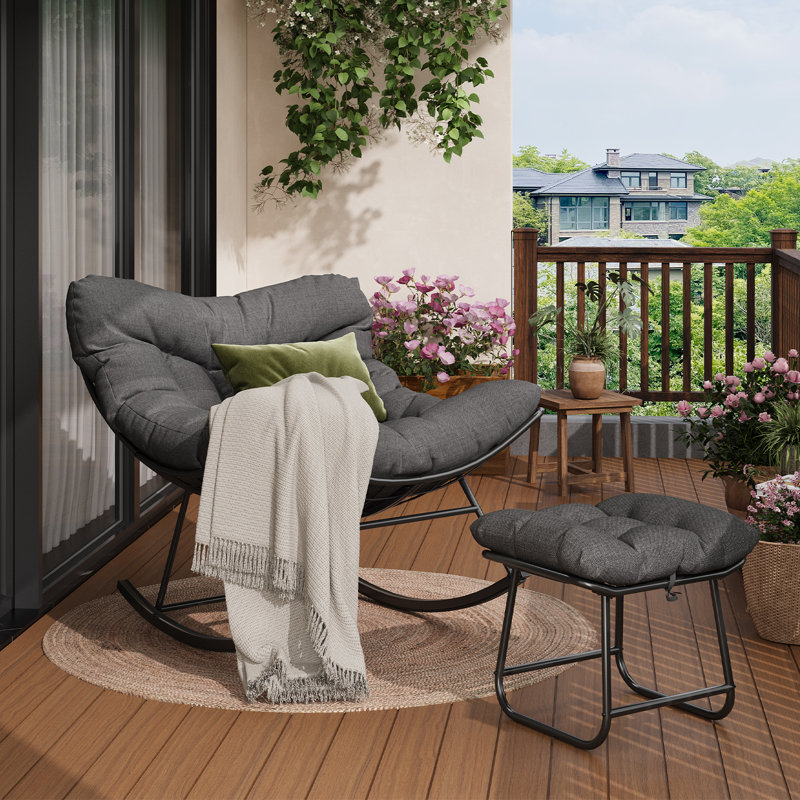 Oversized Outdoor Wicker Rocking Chair with Footstool – Thick Removable Cushion, Sturdy Metal Frame, Comfy Patio Lounge Chair for Garden, Porch, or Living Room
