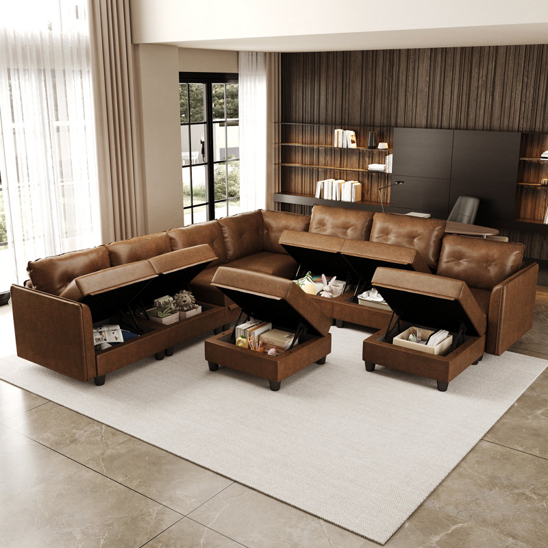 Modular Sectional Sofa With Storage, Modern Brown Faux Leather, Reversible Chaise, U Shaped Couch For Living Room, Waterproof & Easy Clean, 8 Seats With 1 Ottomans