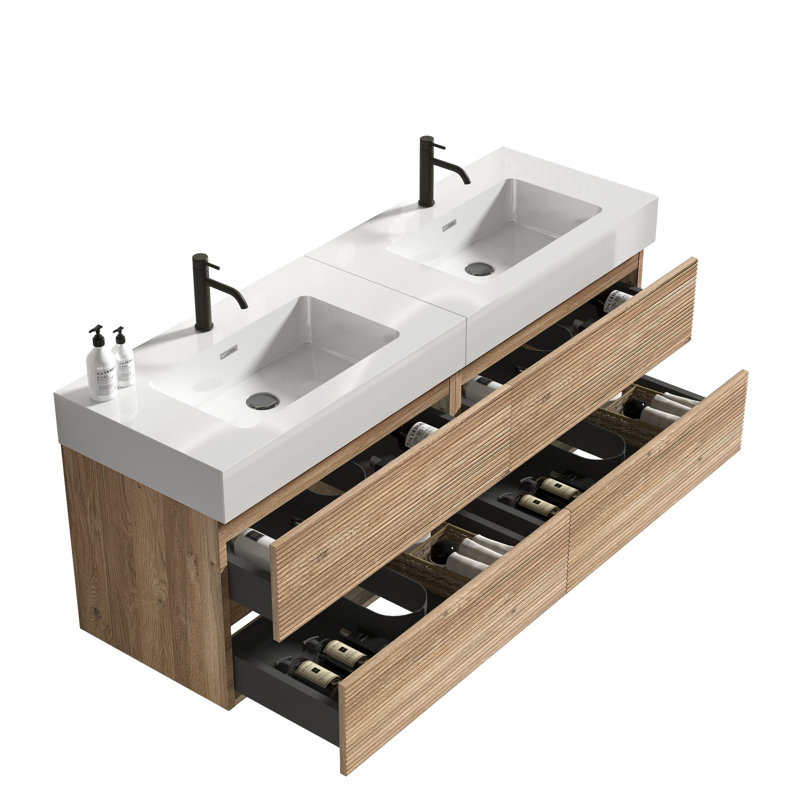 Meuble-lavabo mural de 60 po de longueur, lavabo en quartz blanc, tiroirs en chêne brut, poignée dissimulée, finition laquée E0, meuble-lavabo silencieux, conception Mid-Century, flottant