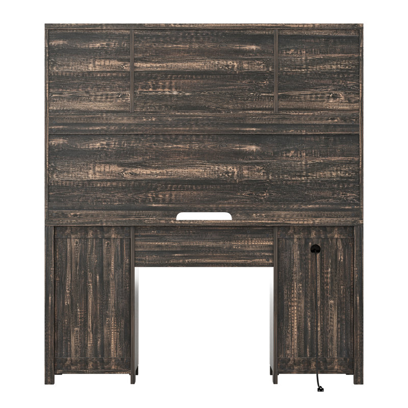 Bureau de direction Farmhouse avec huche et station de charge, bureau d'ordinateur avec 2 portes de grange coulissantes, 5 tiroirs et armoire de rangement avec tablette réglable à 3 positions
