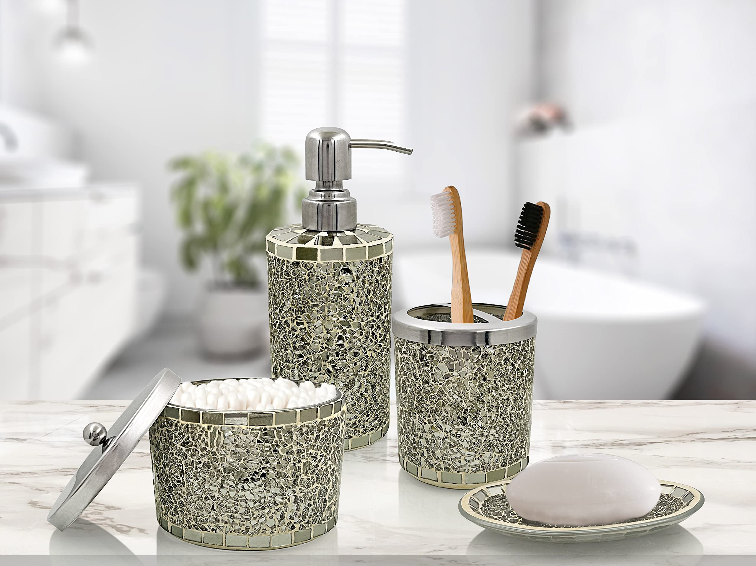 LushAccents Decorative Bathroom Accessories Set, 4-Piece, Soap Dispenser,  Tray, Jar, Toothbrush Holder, Elegant Silver Mosaic Glass