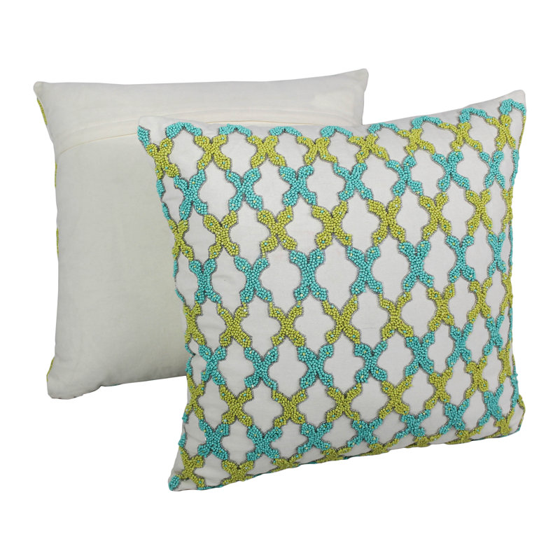 Appliqued Cotton Throw Pillow, Sea Green and Teal / Ivory