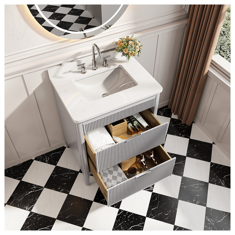 Meuble-lavabo autoportant gris de 76 cm (30 po) entièrement assemblé, avec un seul lavabo, un dessus en marbre reconstitué et des tiroirs à fermeture amortie.