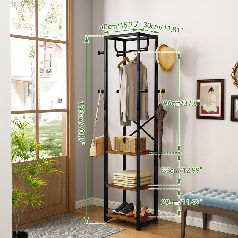 Coat Rack with Shelves, Freestanding Hall Tree with 3 Shelves and 8 Hooks