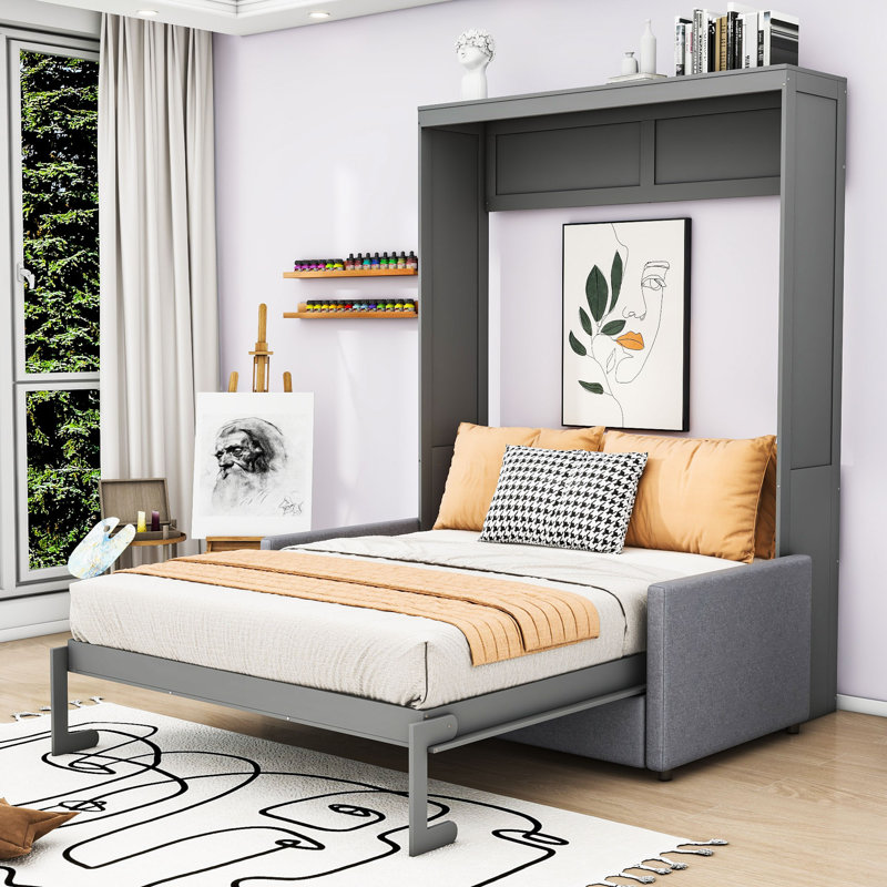 Lit escamotable en bois avec coussin, gris, Complète