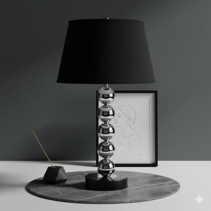 Grande lampe de table en métal de 30 pouces avec une finition chromée et un abat-jour en tissu noir