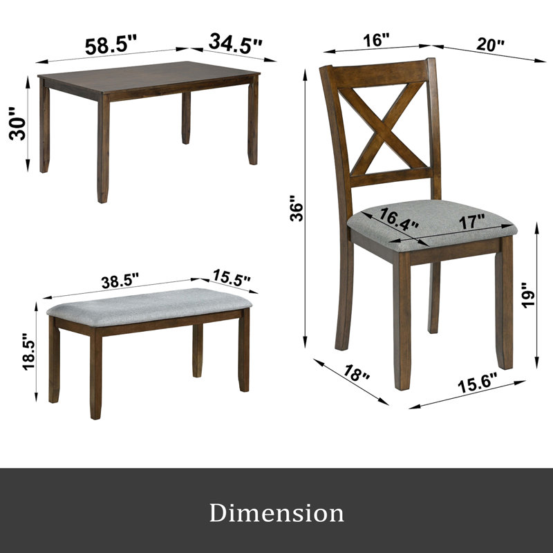 Ensemble de salle à manger de cuisine 6 pièces, table de salle à manger rectangulaire en bois avec 4 chaises rembourrées et un banc, ensemble de table de salle à manger pour 6 personnes, salon, bar et cuisine