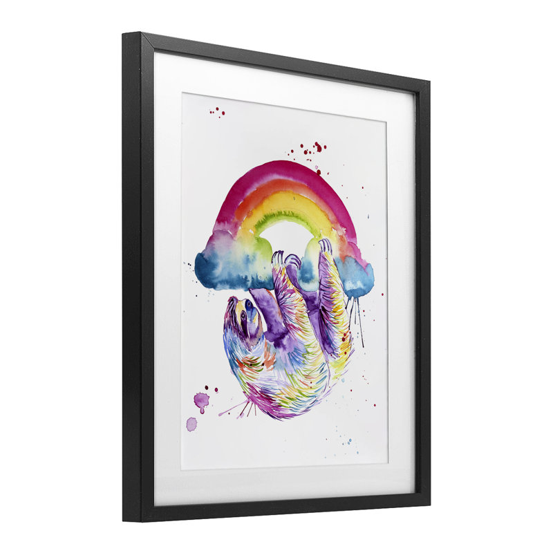 «Sloth Hanging From Rainbow», reproduction encadrée sous verre, design par Jennifer Seeley, Cadre noir minuit