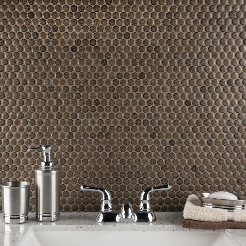 Hudson Penny Round Brownstone 11-7/8" x 12-5/8" Porcelain Mosaic Tile