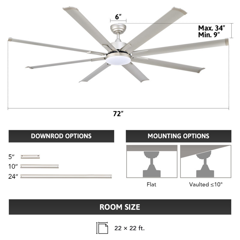 72" 6 - Blade Aluminum LED Ceiling Fan with Dimmable Light and Remote, Silver, Silver