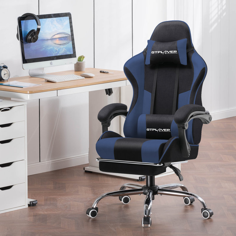 LUCKRACER Adjustable Reclining Ergonomic Swiveling PC & Racing Game Chair with Footrest, Blue, Fabric