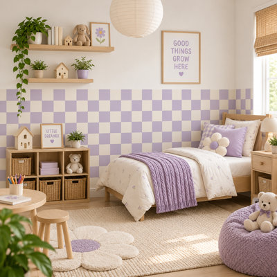 Adhésif décoratif demi-damier 48 po de large lavande et crème, 48 po de haut
