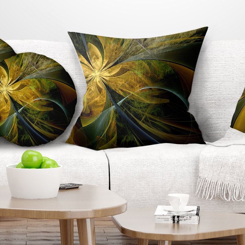 Fleur symétrique fractale en or - coussin à imprimé floral, 18 po x 18 po, Coussin décoratif