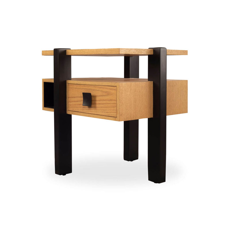 Lethie 62cm W Solid Wood Bedside Table, Dark Brown, Beige, Right Orientation