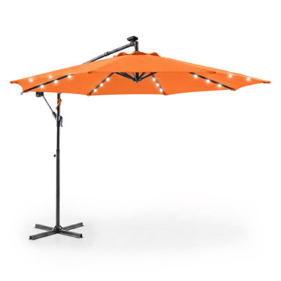 Parasol de patio décalé 10 pi avec lumières DEL, parasol de marché en porte-à-faux rotatif avec 8 nervures et manivelle réglable