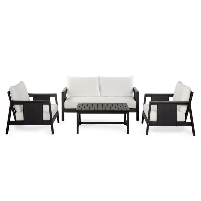 Ensemble de canapé d'extérieur 4 pièces avec coussins et table basse - Structure en bois d'acacia, Gris foncé