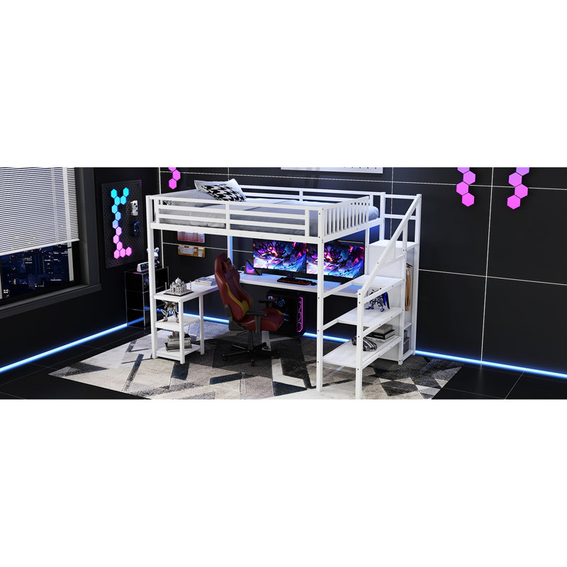 Grand lit mezzanine en métal blanc avec finition, structure solide et tablettes de rangement, taille 16, couleurs DEL statiques, charge, fonction de bureau