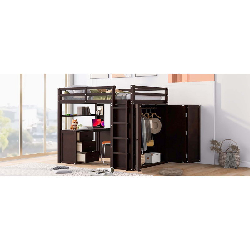 Loft Bed With Drawers,Desk,And Wardrobe, Full , Espresso