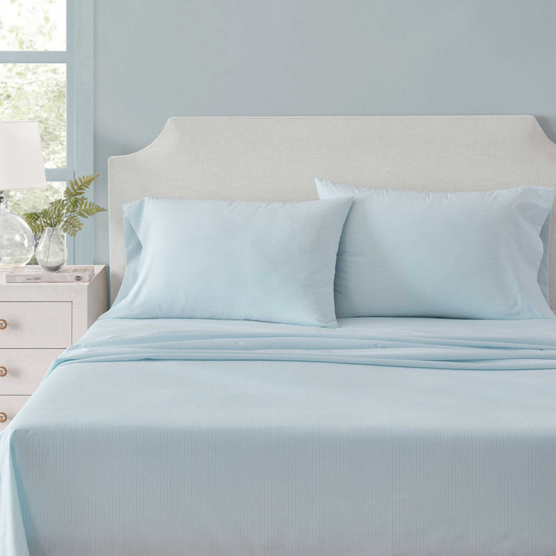 Martha Stewart Stripe Cotton Percale Blue Sheet Set, Twin Sheet Set with 1 Pillowcase, Blue Striped