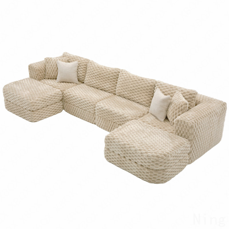 Modular Sectional Sofa 135.4" Boneless Sofa Couch Cozy Sectional Couch With Two Movable Ottomans For Living Room, Beige