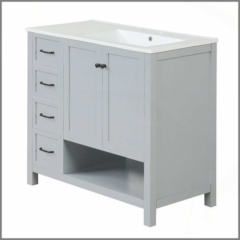Meuble-lavabo gris 36 po avec lavabo, deux portes, deux tiroirs et une tablette ouverte