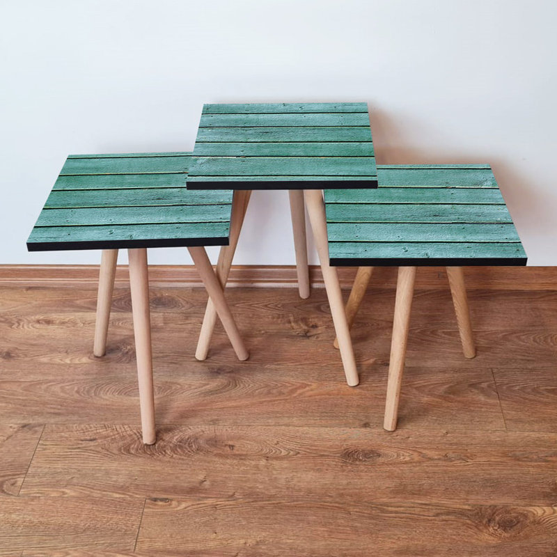 Ensemble de 3 tables gigognes modernes (bleu), 13,8 x 20,5 x 13,8 po (grand: 13,8 x 20,5 x 13,8 po, moyen: 13,8 x 18,5 x 13,8 po, petit: 13,8 x 16,5 x 13,8 po) | 100% panneau de fibres à densité moyenne avec pieds en bois de hêtre | Conception géométrique élégante pour la maison et le bureau