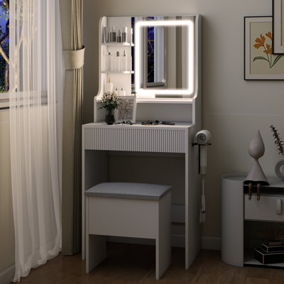 Herdon Solid and Manufactured Wood Lighted Mirror Vanity Set with Stool