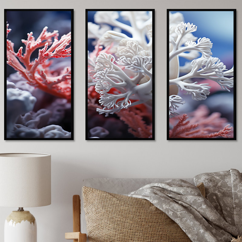 «White Coral And Anemones Dance» - ensemble d'art mural toile corail sous l'eau, Cadre flottant noir