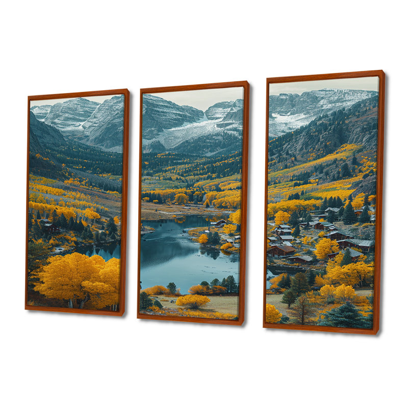 «Yellow Autumn Trees in Swiss Mountain Valley - River Mountain», ensemble de reproduction d'art mural, Cadre flottant brun
