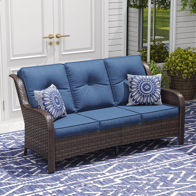 Stylish Outdoor Woven Rattan Sofa, Navy Cushion/Brown Frame