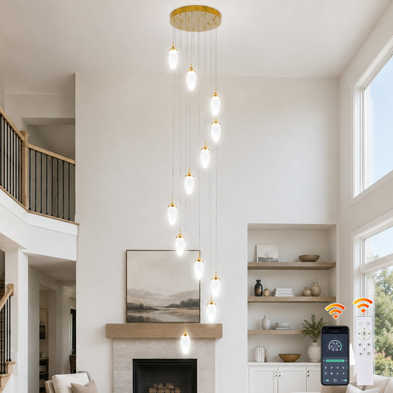 10-Light Gold Crystal Dimmable LED Large Staircase Pendant Light with Remote and App Control
