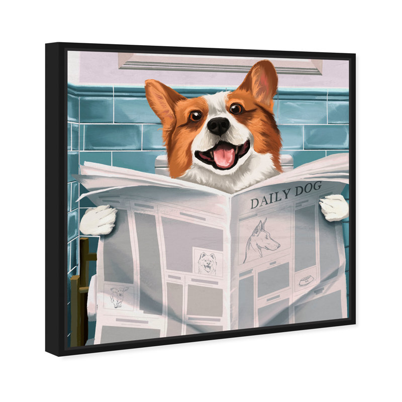 «Animals Occupied Bathroom Corgi Dogs and Puppies», reproduction d'art graphique, Cadre noir, H 20 po x l 20 po x 1,5 po